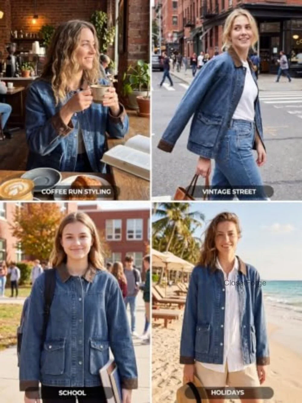Oversized Y2K Denim Jacket Vintage Relaxed Fit Faux Leather Collar Long Sleeve